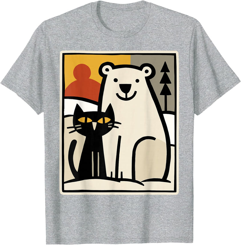 Utschki Bratschki Black Cat and Polar Bear Winter Animal Cute Snow Art T-Shirt - Heather Grey