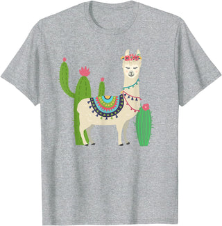 Captivaca Llama Shirts Cute Llama with Flower & Cactus/Llama Lover Gift T-Shirt Small - Heather Grey
