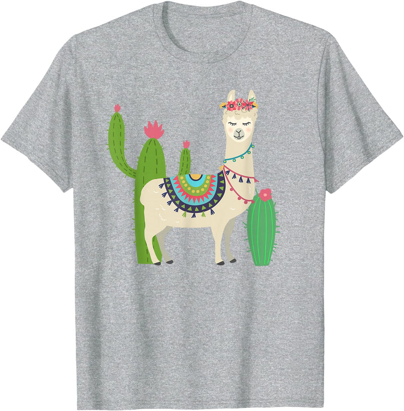 Captivaca Llama Shirts Cute Llama with Flower & Cactus/Llama Lover Gift T-Shirt Small - Heather Grey