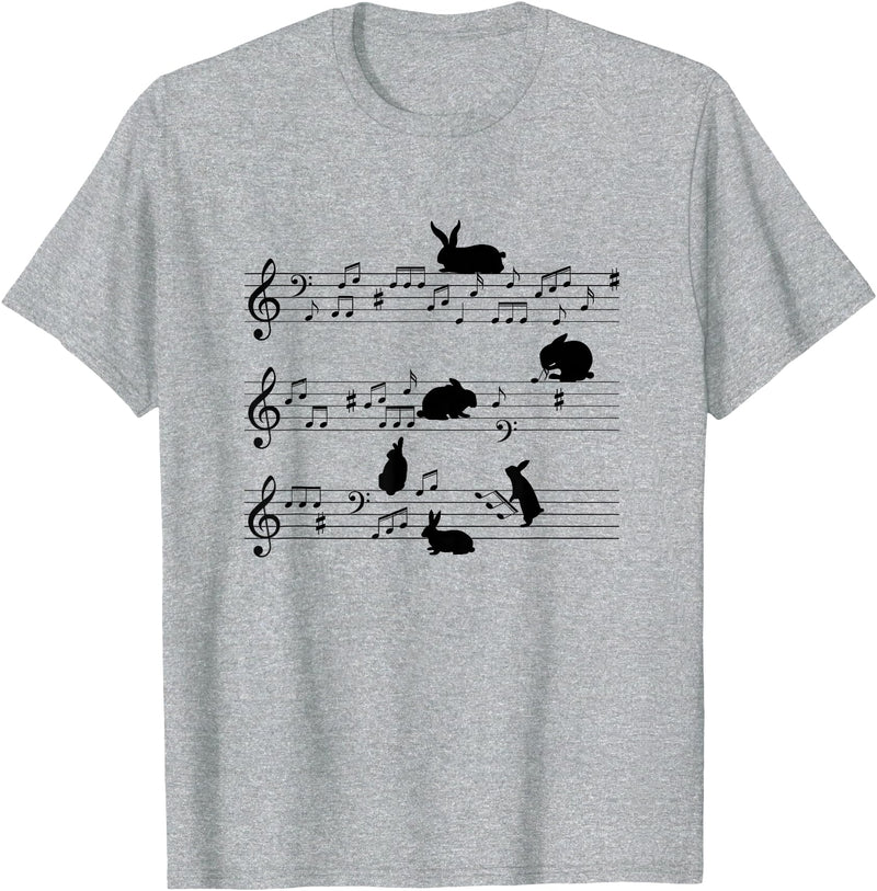 Cute Bunny Rabbit Playing Music Notes Musician T-Shirt in Heather Grey