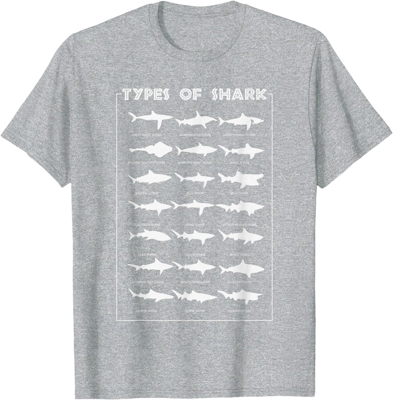 I Love Sharks Design T-Shirts 360 21 Types of Shark | Marine Biology Gift T-Shirt - Heather Grey