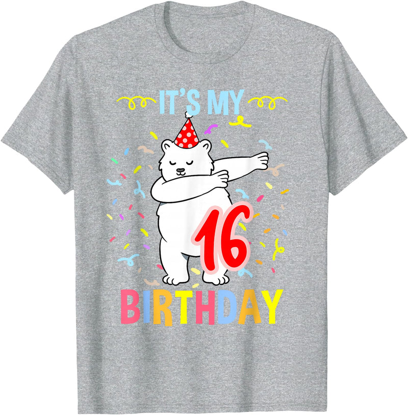 Hiking Lover Design Its My 16th Birthday Dabbing Polar Bear T-Shirt - Heather Grey
