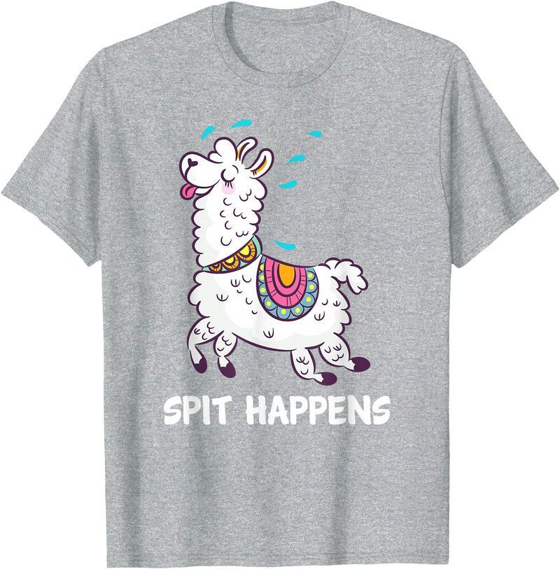 Funny Llama Pun by DSMD Spit Happens Llama Alpaca Lovers Funny Animal Pun T-Shirt - Heather Grey