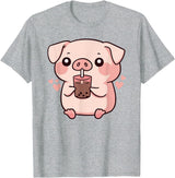 Bubbly Piglets Collection Cute kawaii cartoon pig drinking bubble tea T-Shirt - Heather Grey