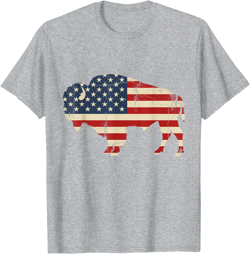 Bison American Buffalo Patriotic Heritage Lr Vintage Buffalo American Flag USA Bison Lover Wildlife T-Shirt - Heather Grey