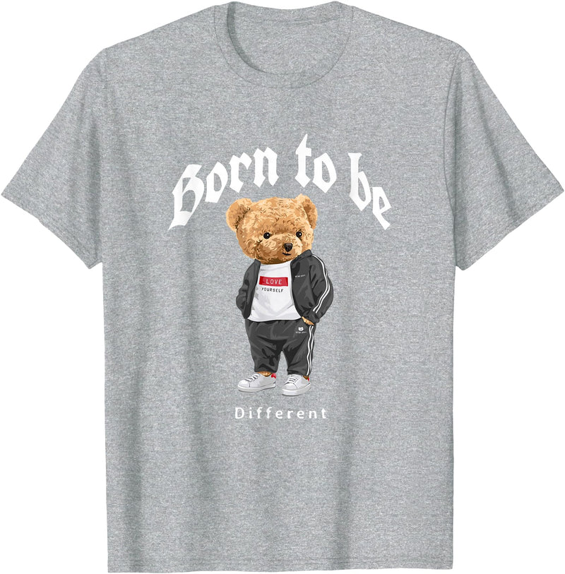 Bahaa's Tee Born To Be Different, Cool Teddy Bear Quotes Graphic Designs T-Shirt - Heather Grey