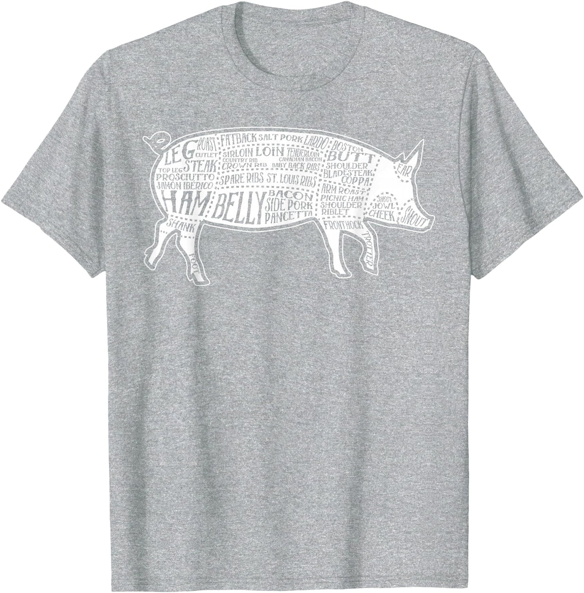 Pig Grilling Pork BBQ Bacon Lover Fun Gift Idea Lard Cuts Image Pig Parts Diagram Illustration Butcher Print T-Shirt - Heather Grey