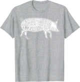 Pig Grilling Pork BBQ Bacon Lover Fun Gift Idea Lard Cuts Image Pig Parts Diagram Illustration Butcher Print T-Shirt - Heather Grey