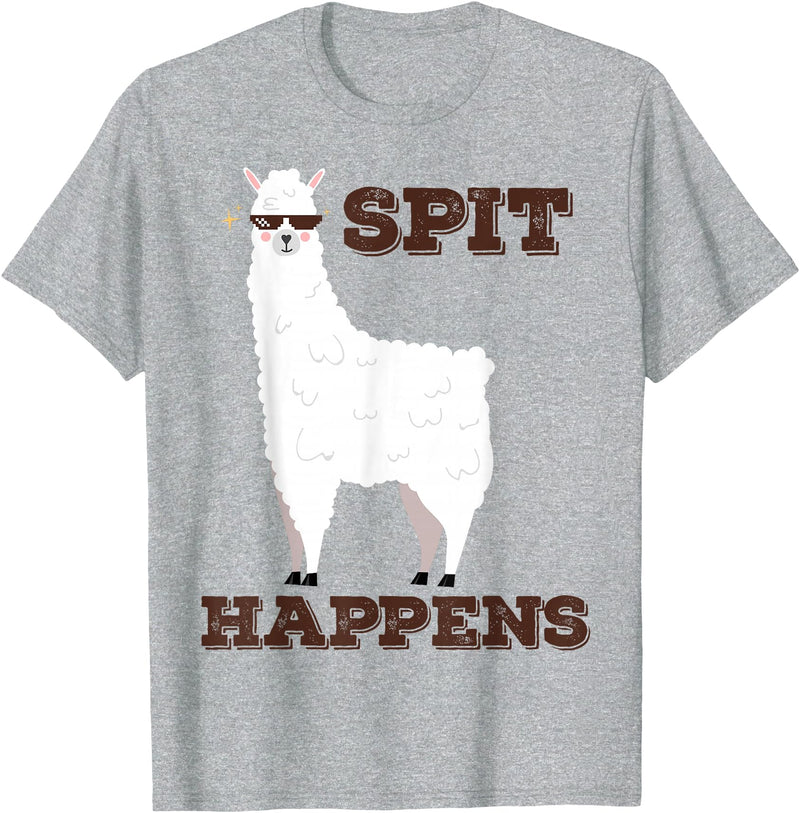 Animal Llama with Sunglasses Gift Shirts Spit Happens Funny Llama T-Shirt Cool Llama Alpaca Lover Tee for Men, Women & Kids, Black, Small, Short Sleeve, Classic Fit - Heather Grey