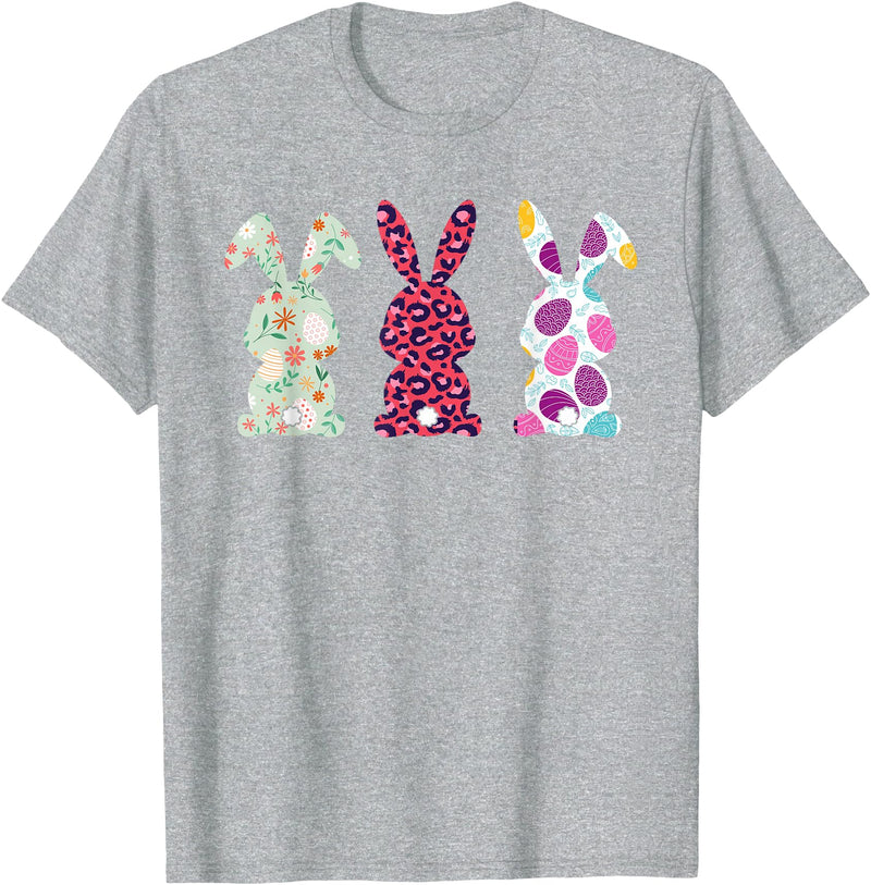 Cute Pink Leopard Eggs Flower Happy Easter Bunny Rabbit T-Shirt in Heather Grey