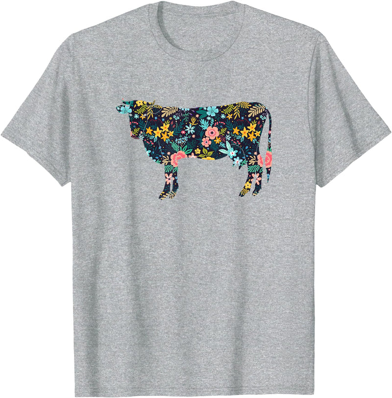 Cow Floral Silhouette Cattle Farm Lover Floral Cow Silhouette Womens Girls Cow Farm Animal T-Shirt - Heather Grey