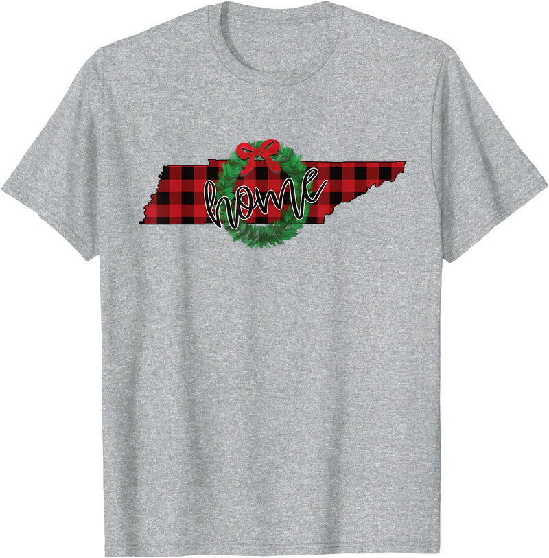 USA State Tennessee Christmas Buffalo Plaid Tennessee Buffalo Plaid Christmas Home Wreath Retro T-Shirt - Heather Grey