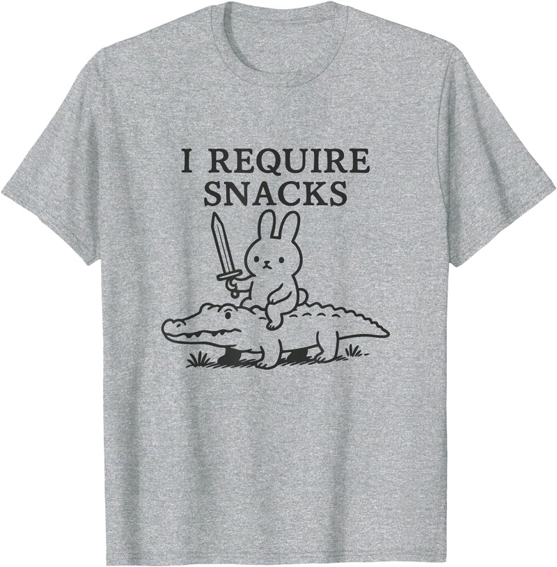 I Require Snacks Bunny Riding Gator Funny Rabbit Humor Meme T-Shirt in Heather Grey