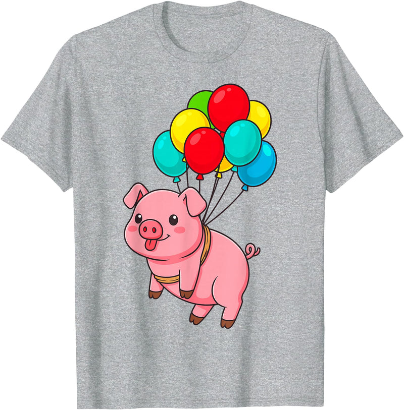 Uniquely Funny Pig Farmer Gifts Pig Flying with Balloons T-Shirt - Heather Grey