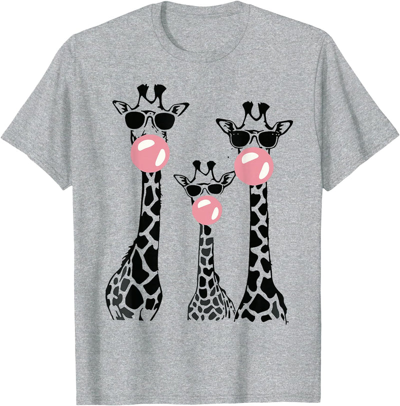 Bubble Safari Graphics Cute Giraffe Trio Blowing Bubble Gum with Sunglasses T-Shirt - Heather Grey