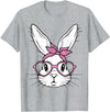 Cute Bunny Rabbit Face with Bandana Heart Glasses Easter Day T-Shirt in Heather Grey