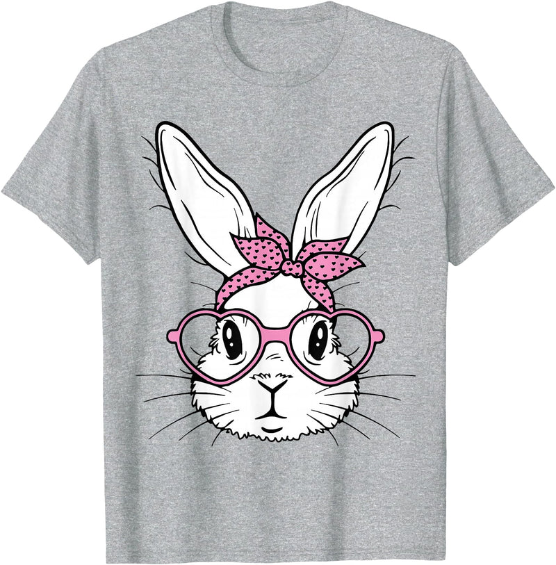 Cute Bunny Rabbit Face with Bandana Heart Glasses Easter Day T-Shirt in Heather Grey