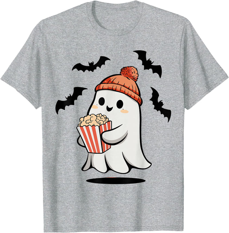 Ghost Pop Corn Halloween Funny Ghost Eating Pop Corn Lovers Spooky Halloween T-Shirt - Heather Grey
