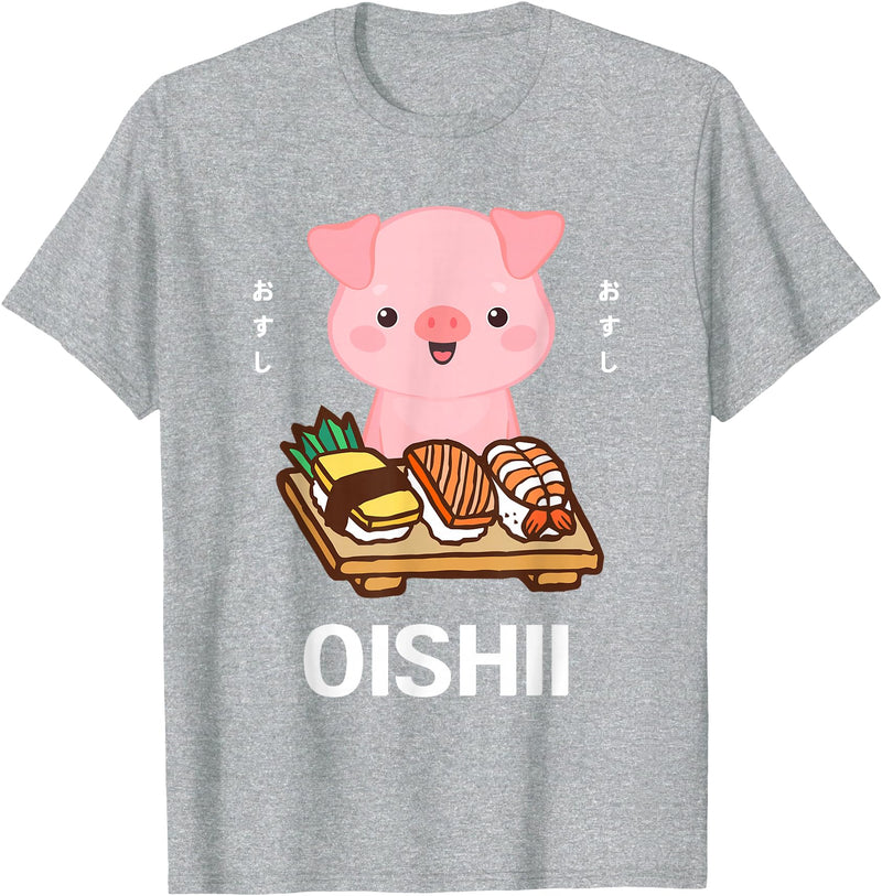 Cute Pig Eats Sushi Japanese Food Lover Cute Kawaii Pig Eats Sushi Japanese Food Lover Otaku T-Shirt - Heather Grey