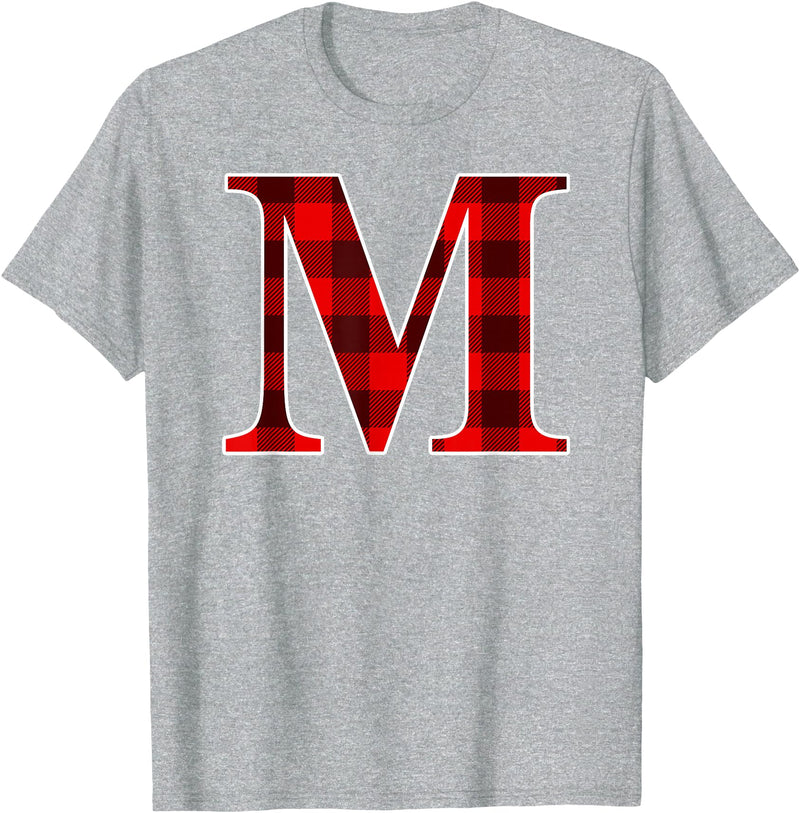 Buffalo Plaid Forever Buffalo Plaid Monogram Letter M Matching Holiday T-Shirt - Heather Grey