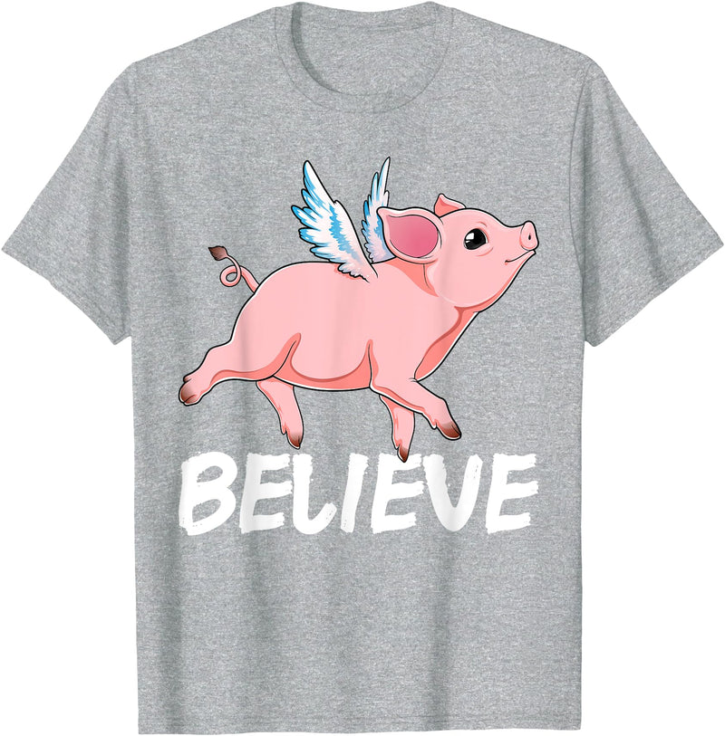 GoshWow Flying Pig Believe Pigs Fly Believe Idiom Motivational T-Shirt - Heather Grey