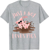 Funny Pig Lover Farm Animals Just A Boy Who Loves Pigs sunglasses In the Mud Kids Boy T-Shirt - Heather Grey