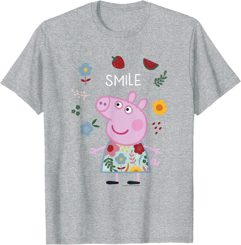 Peppa Pig Smile Cute Flowers & Fruit Full Body Portrait T-Shirt - Heather Grey