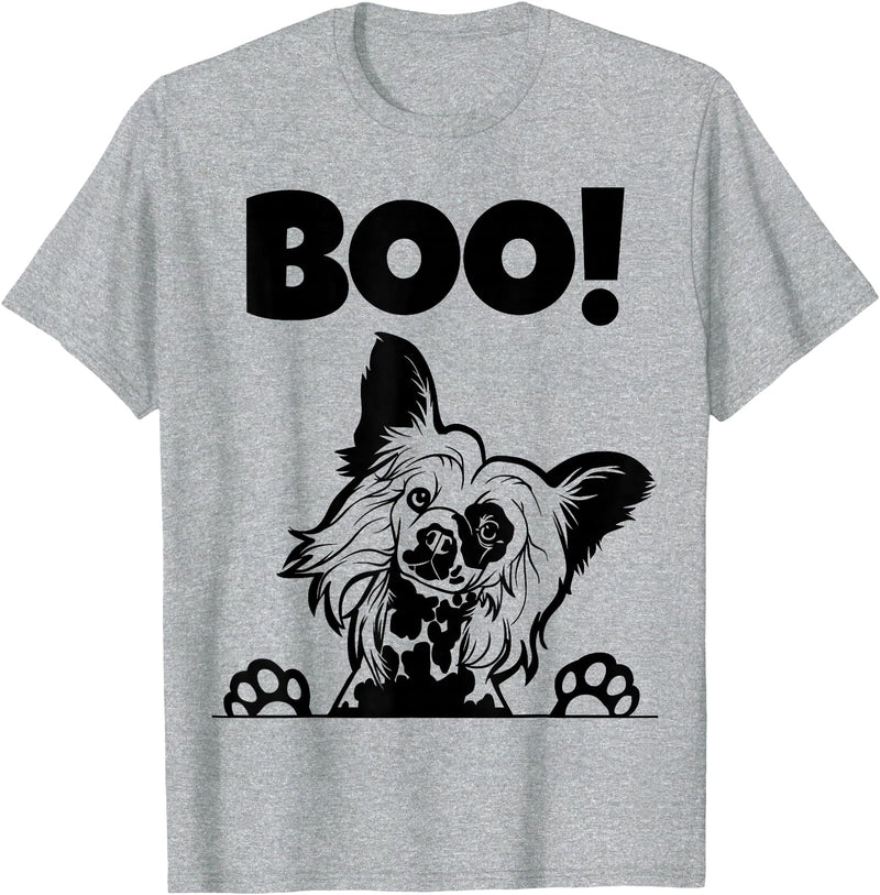 Funny Dog Halloween Chinese Crested Shirts Boo! | Hiding Hairless Puppy Dog Halloween Chinese Crested T-Shirt - Heather Grey