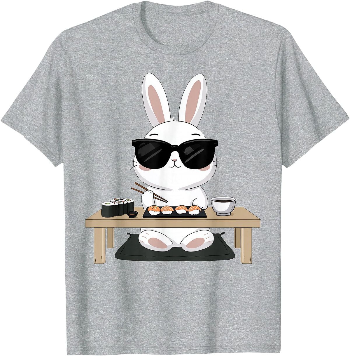 Sushi Eating Rabbit Easter Bunny Sunglasses T-Shirt in Heather Grey