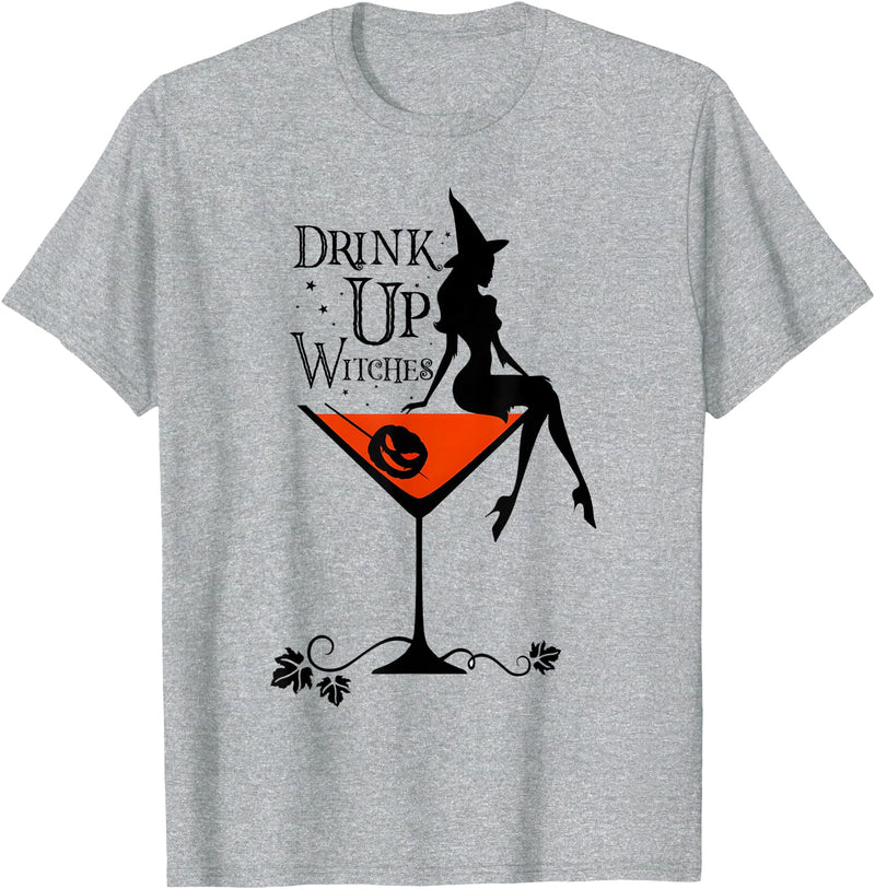 Drink Up Witch Squad Halloween Drink Up Witches Witch Squad Wine Glass Halloween T-Shirt - Heather Grey