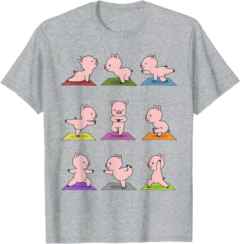 Sporty Animals & Meditating Pets Pig Yoga T-Shirt Funny Piglets In Yoga Poses Sports Tee T-Shirt - Heather Grey