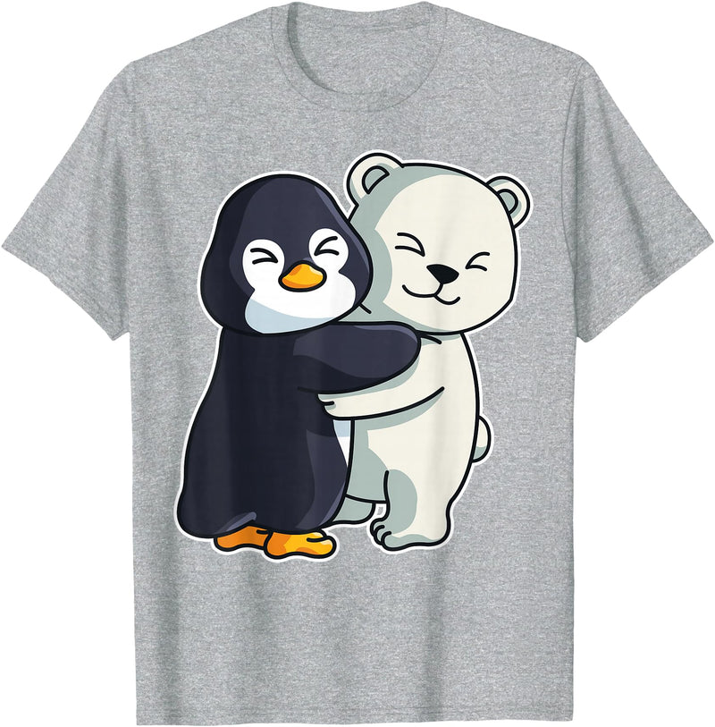 Penguin and Polar Bear Hug Arctic Animal Polar Bear and Penguin Cute North Pole Animals Hugging T-Shirt - Heather Grey