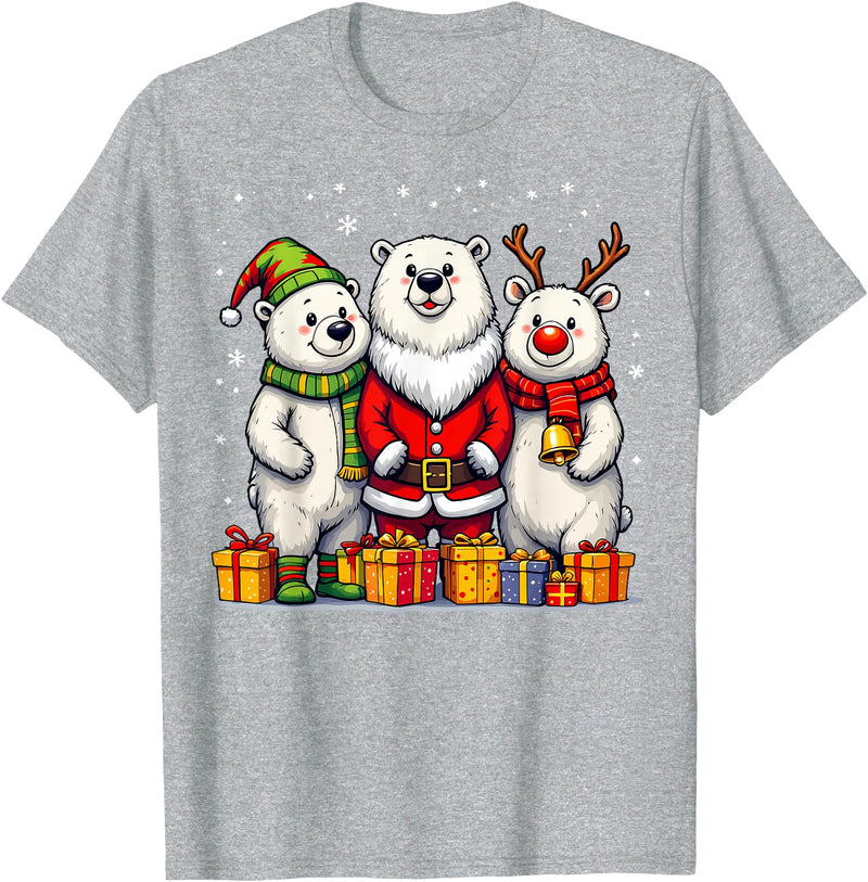 Christmas Polar Bear Santa Elf Reindeer Holiday Cute Christmas Polar Bears in Santa Elf and Reindeer Costume T-Shirt - Heather Grey