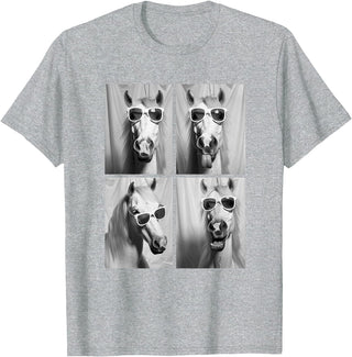 Funny Animal Photography Clothing Co. Cute Horses with Sunglasses Hipster Photo Booth Memes T-Shirt - Heather Grey