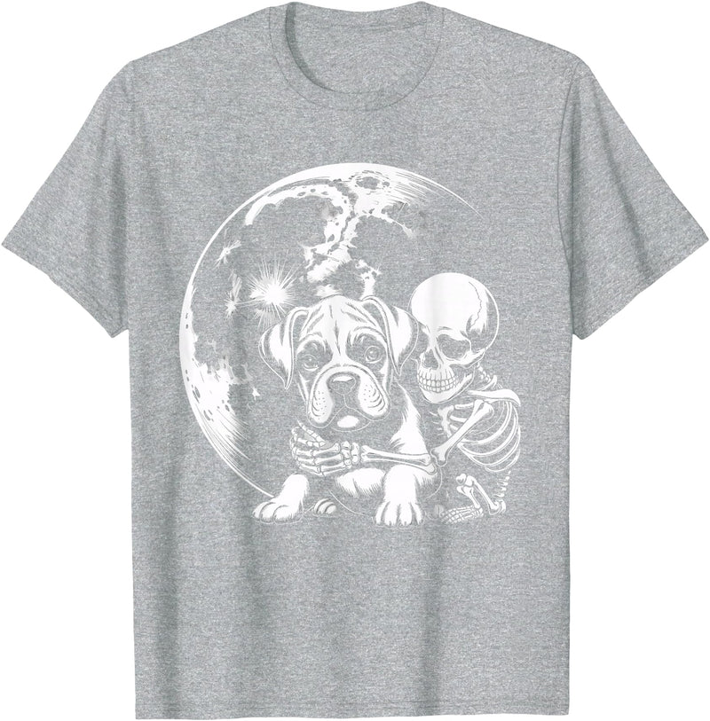 Cute Skeleton Boxer Dog Halloween Women Men Skeleton Hugging Dog Halloween Boxer Lover Mom Dad T-Shirt - Heather Grey