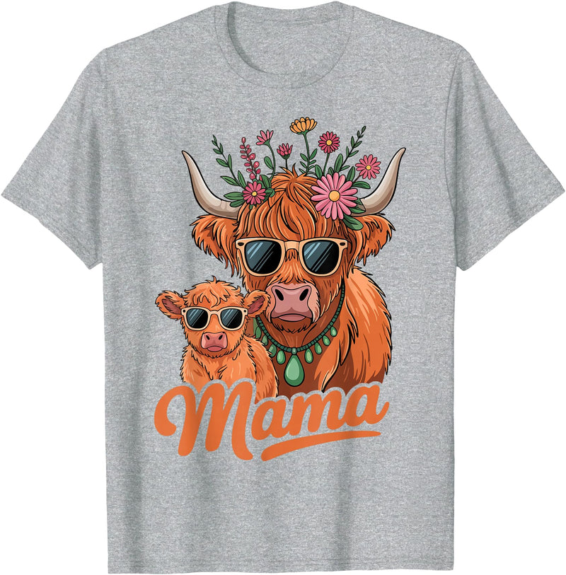 Scottish Farm Matching Mom Daughter Highland Cow Highland Cow Mama Mom Baby Calf Daughter Floral Mothers Day T-Shirt -