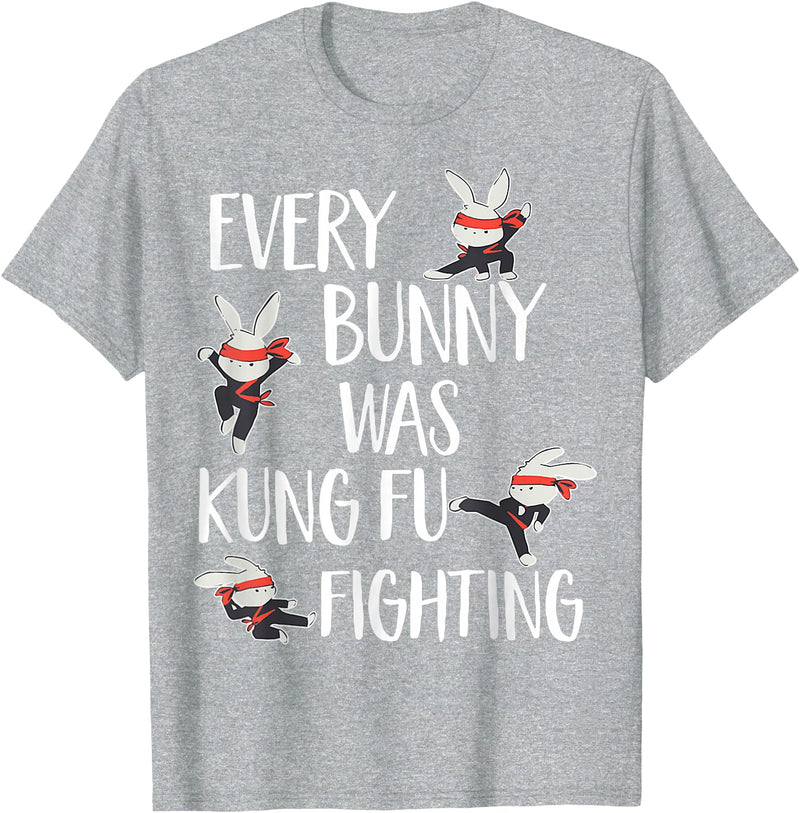 Every Bunny Was Kung Fu Fighting Funny Bunny Rabbit T-Shirt in Heather Grey