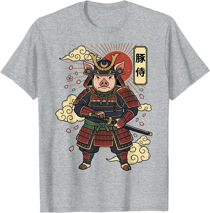 Samurai Pig Anime Japan Pig Samurai Japanese Warrior T-Shirt - Heather Grey