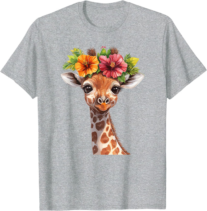 Aesthetic Giraffe Art Cute Floral Giraffe With Flower Crown T-Shirt - Heather Grey