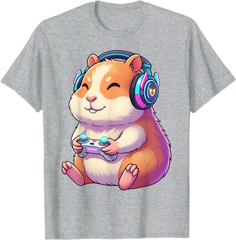 Funny Cute Hamster Gamer Adorable Video Game Animal Design T-Shirt - Heather Grey