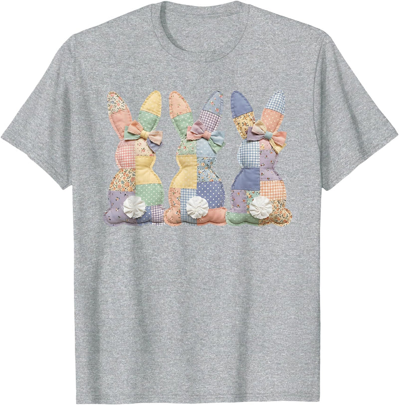 Easter Patchwork Bunny Cute Bunny Rabbit Coquette Lace Bow T-Shirt in Heather Grey