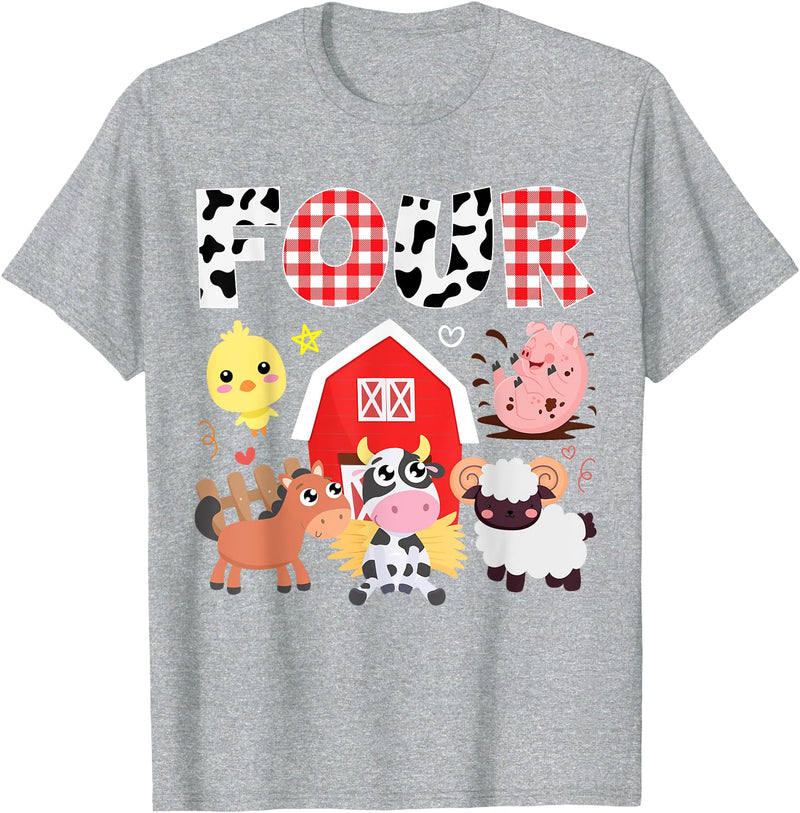 Farm Animals Cow Themed Birthday Party Family Tees 4th Birthday Four Year Old Farm Theme Animals Birthday Party T-Shirt -