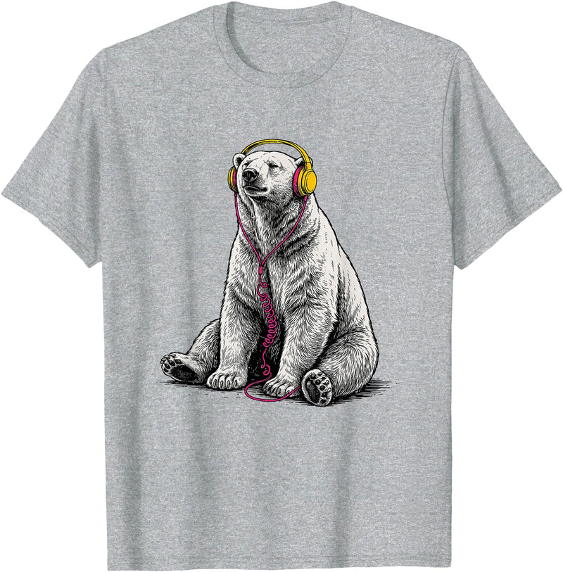 Arctic Wildlife Music Lover Designs Polar Bear Headphones Music Lover Funny Arctic DJ T-Shirt - Heather Grey