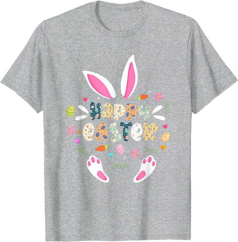 Happy Easter Bunny Rabbit Face Funny Easter Day Women Girls T-Shirt (Navy Blue) in Heather Grey