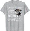 apparelaxArt Living Life Somewhere Between Jesus Take The Wheel Cow T-Shirt - Heather Grey