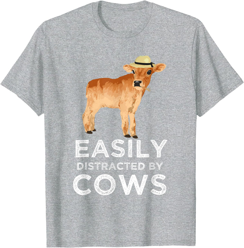 Cartba Cow Co. Fun Cute Easily Distracted By Cows Unisex-Adults Black T-Shirt - Heather Grey