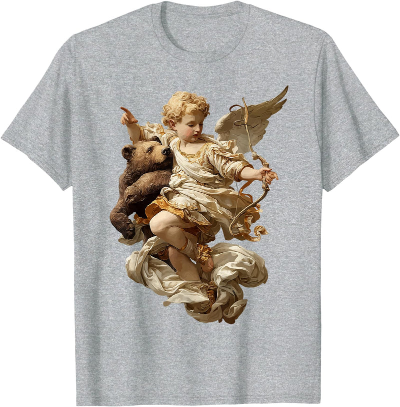 Vintage Angel Aesthetic Classical Art Cute Cherub Angel with Bear Baroque Renaissance Aesthetic T-Shirt - Heather Grey