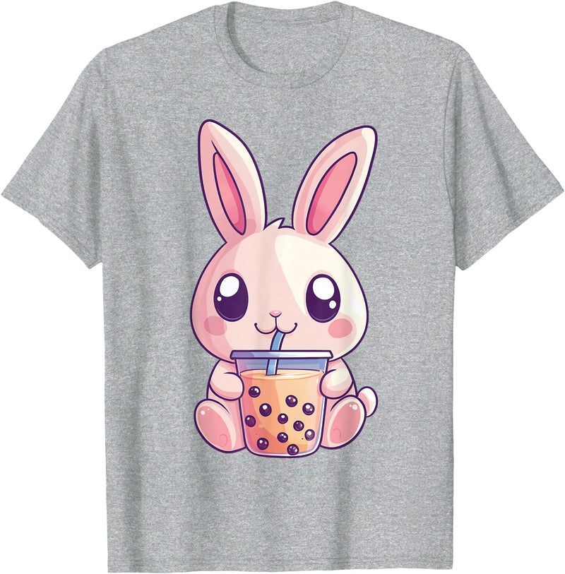 Kawaii Bunny Rabbit Boba Tea Anime Cute Easter Graphic T-Shirt in Heather Grey