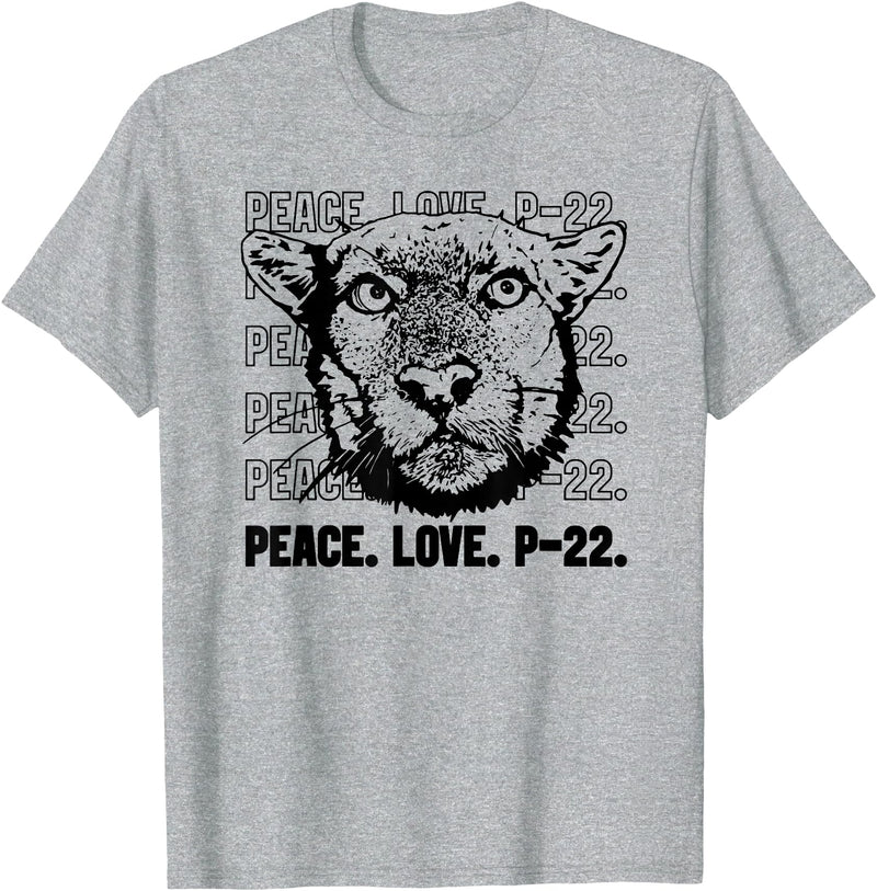 P22 Mountain Lion Tee Shirts for Nature Lovers P-22 Mountain Lion Legend LA California Art P22 Peace Love T-Shirt - Heather Grey