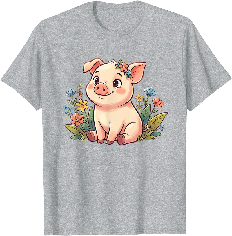 Cute Farm Piglet With Wildflowers Pastel Kawaii Baby Pig Surrounded by Colorful Flowers T-Shirt - Heather Grey